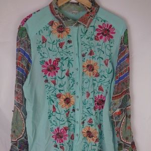 John Mark Embroidered Boho Blouse Button Down XL
